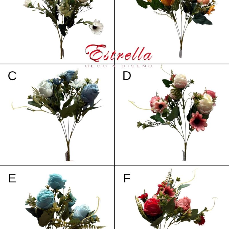 Ramo flores artificiales bitono con rellenos x10 cabecitas (5 flores y 5 girasoles) Estrella Deco