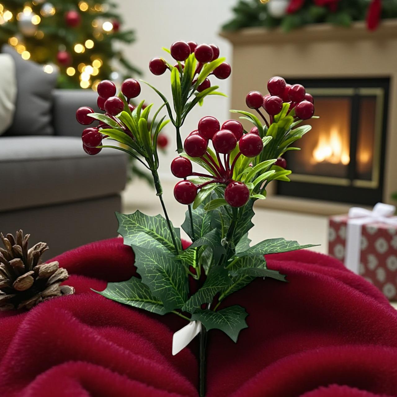 Ramo Acebo Muerdago Artificial 6 Ramas de Frutos Rojos Estrella Deco - Imagen 4