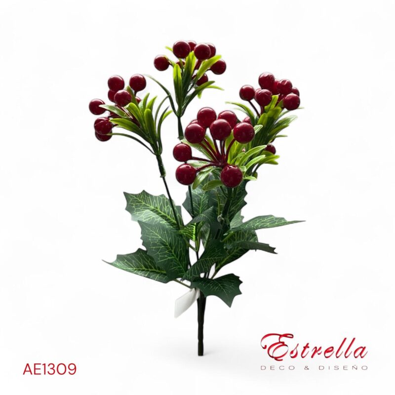 Ramo Acebo Muerdago Artificial 6 Ramas de Frutos Rojos Estrella Deco