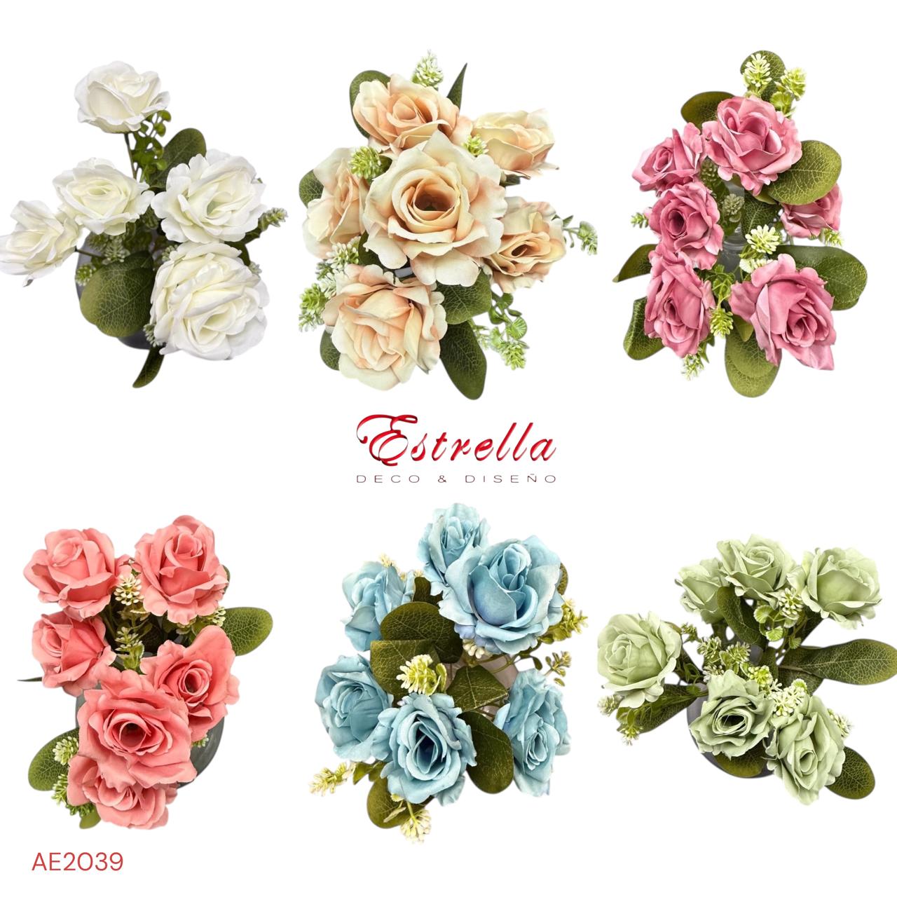 Ramo Rosa Artificial Realista Color Pastel x5 Cabecitas Estrella Deco