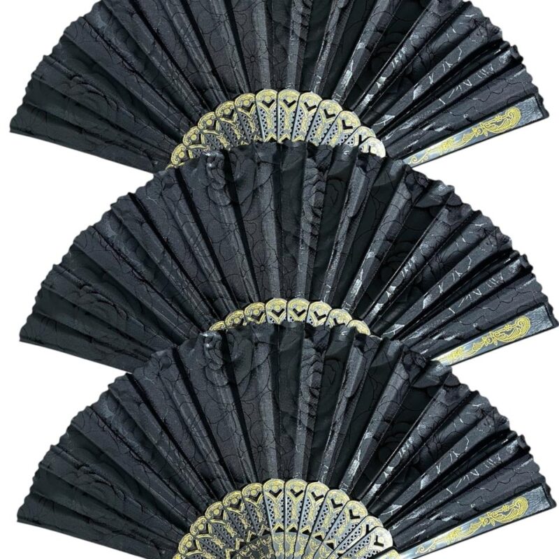 Abanico Negro Elegante con Rosas Estampadas x 12 Estilo Oriental Estrella Deco