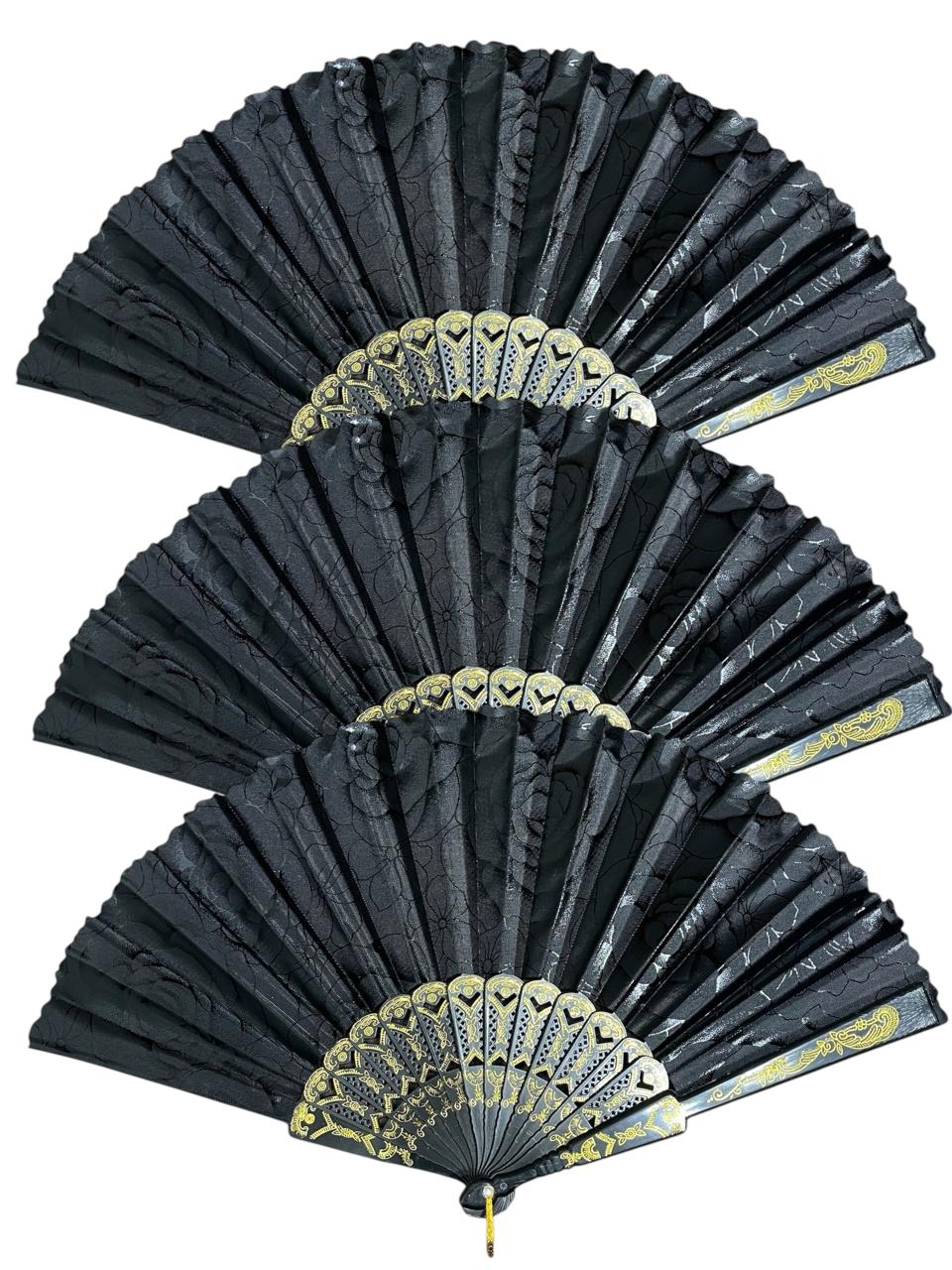 Abanico Negro Elegante con Rosas Estampadas x 12 Estilo Oriental Estrella Deco
