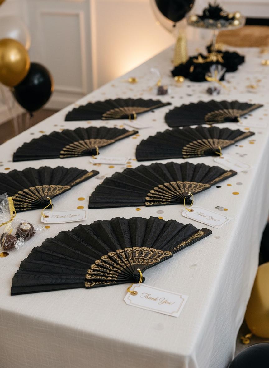 Abanico Negro Elegante con Rosas Estampadas x 12 Estilo Oriental Estrella Deco - Imagen 8