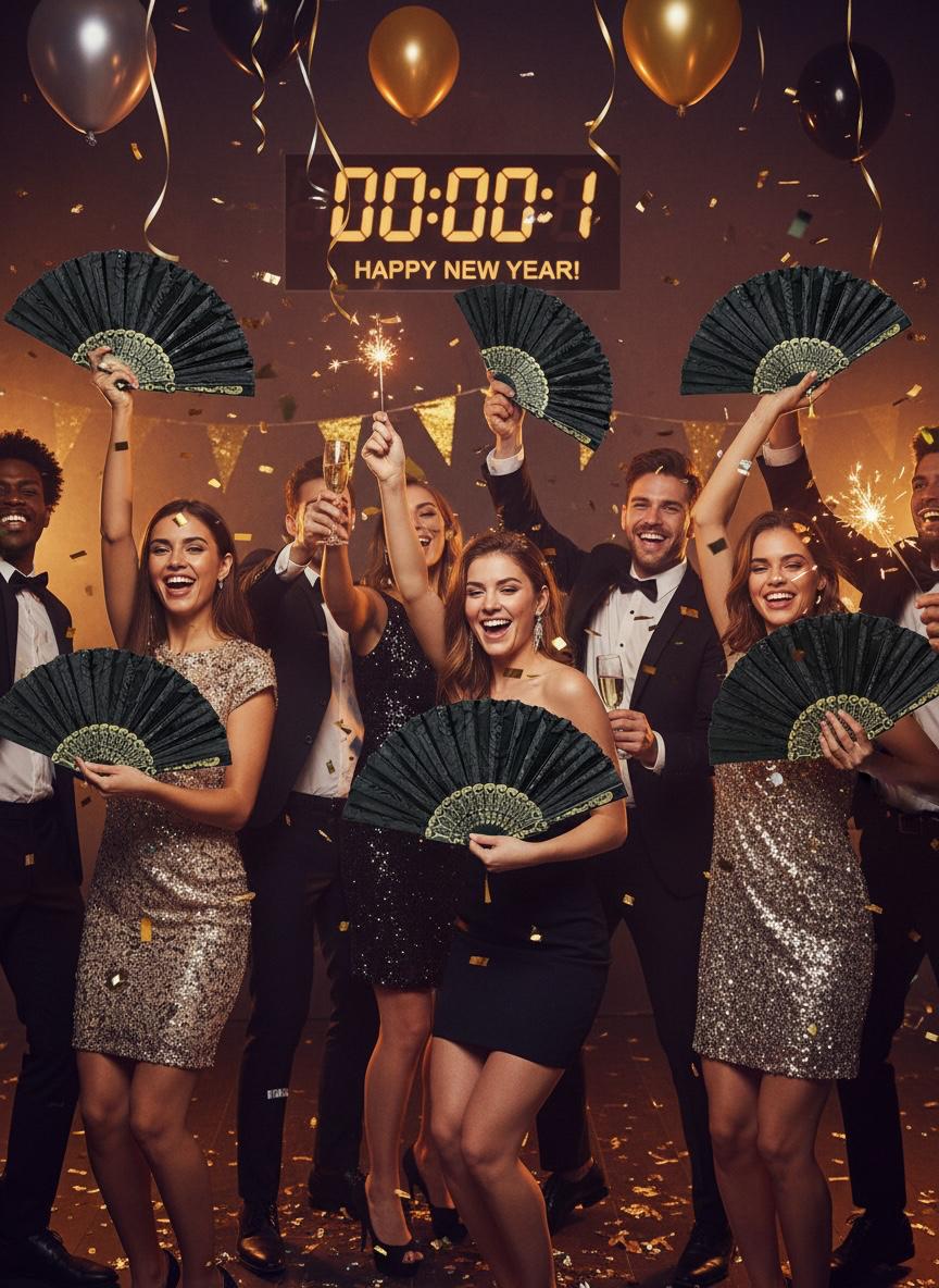 Abanico Negro Elegante con Rosas Estampadas x 12 Estilo Oriental Estrella Deco - Imagen 6