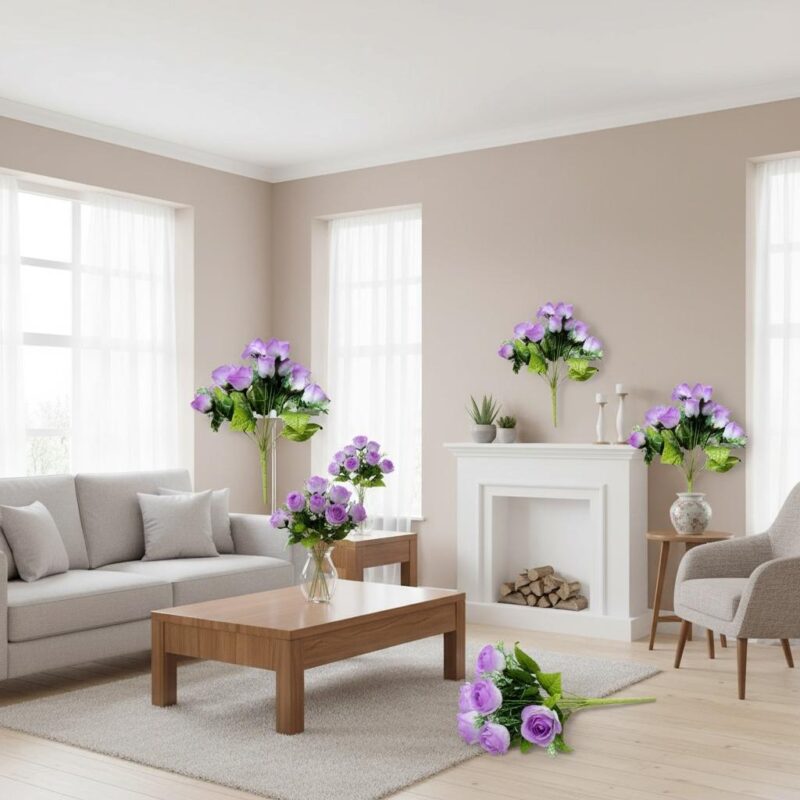 Ramo Artificial Flores Rosas Lila Realistas Decoración Eventos Centro De Mesa Hogar 12 cabecitas